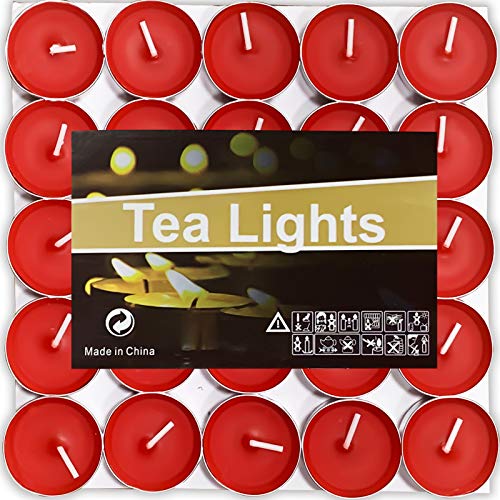 OUO Tea Lights Candles, 50 Pack Smokeless Candles,Small Candles, Dripless & Long Lasting Mini Tealight Candles for Mood, Dinners, Parities, Home, Decoration, Wedding, Crafts(Red)