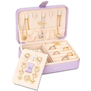 Voova Small Jewelry Organizer Box, Travel Jewelry Case for Women Teen Girls, Mini PU Leather Portable Jewellery Storage Boxes Holder with Smart Earrings Plate for Necklaces Rings Bracelets, Lavender