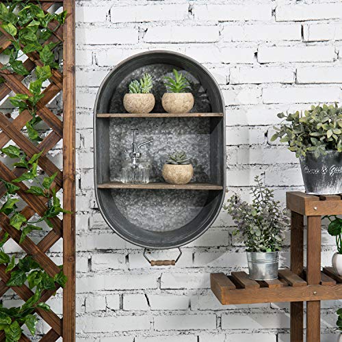 MyGift Rustic Tub Design Galvanized Metal Wall Shelf Rack with 2 Tier Vintage Wood Display Shelves