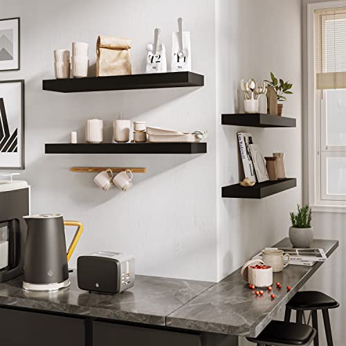 BAMEOS Floating Shelf ,Wall Shelf,Decor Wall Mounted Shelves ,Hanging Shelf Set L24xW6 for Bathroom Kitchen Living ,Kitchen,Room Bedroom Storage,Black