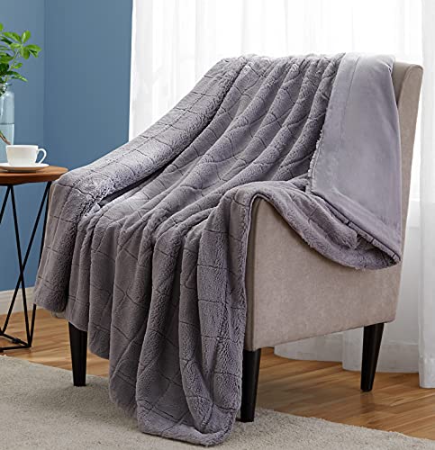 Monbix Faux Fur Throw Blankets Soft Fuzzy Warm, Fluffy Throw Blankets Couch Fleece, Throw Blankets Bed Cozy Machine Washable Plush Thick Comfy Grey Plaid Grid Furry Sofa Textured 380gsm 180gsm 50x60