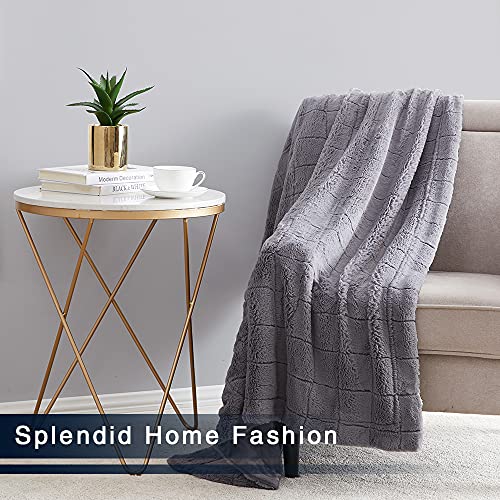 Monbix Faux Fur Throw Blankets Soft Fuzzy Warm, Fluffy Throw Blankets Couch Fleece, Throw Blankets Bed Cozy Machine Washable Plush Thick Comfy Grey Plaid Grid Furry Sofa Textured 380gsm 180gsm 50x60