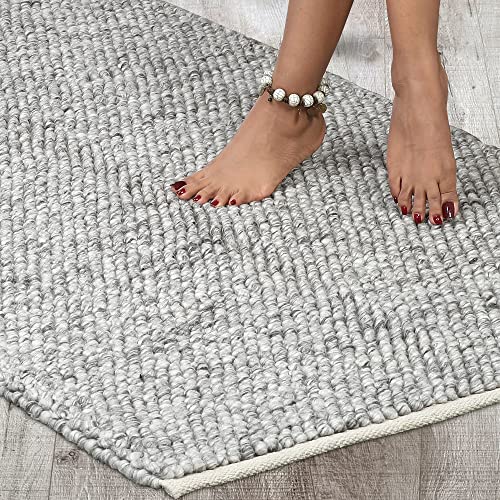 SAVON Hand Woven Wool Area Rug 3x2 Footmat Doormat Gray Woven Straw Weave Pattern