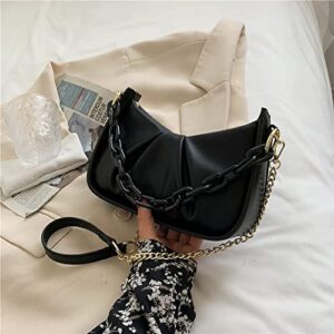QZUnique Shoulder Bag Vegan Leather Ruched Purse for Women Trendy Handbag Retro Chain Clutch Hobo Tote Bag