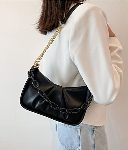 QZUnique Shoulder Bag Vegan Leather Ruched Purse for Women Trendy Handbag Retro Chain Clutch Hobo Tote Bag