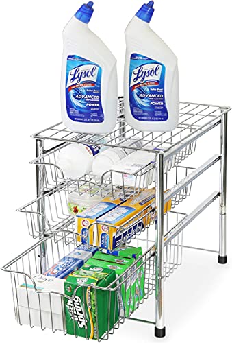 Simple Houseware Stackable 3 Tier Sliding Basket + Single Tier Basket, Chrome