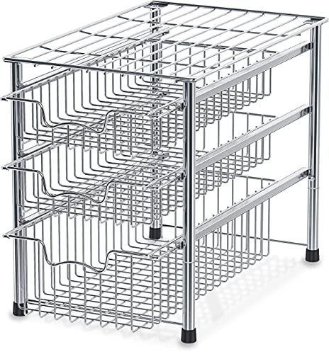 Simple Houseware Stackable 3 Tier Sliding Basket + Single Tier Basket, Chrome