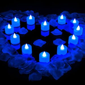 600 pieces artificial rose petals with 12 pieces led tea lights candle romantic flickering candle for romantic night valentine’s day anniversary wedding honeymoon (blue light)