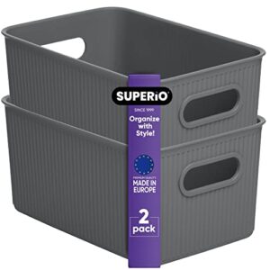 Superio Decorative Plastic Open Home Storage Bins Organizer Baskets, Medium Grey (2 Pack) Container Boxes for Organizing Closet Shelves Drawer Shelf - Ribbed Collection 5 Liter