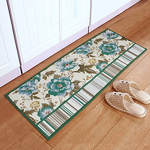 yazi Fabric Kitchen Mat Area Rug Green Striped Flower Non-Slip Rubber Backing Floomat,47x18 Inches