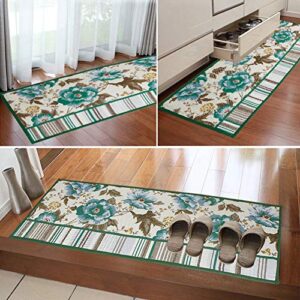 yazi Fabric Kitchen Mat Area Rug Green Striped Flower Non-Slip Rubber Backing Floomat,47x18 Inches