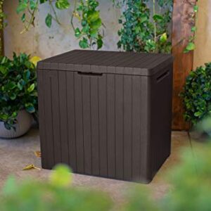 Keter City 30 Gallon Resin Deck Box for Patio Furniture, Pool Accessories, and Storage for Outdoor Toys, Brown