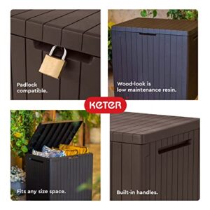 Keter City 30 Gallon Resin Deck Box for Patio Furniture, Pool Accessories, and Storage for Outdoor Toys, Brown