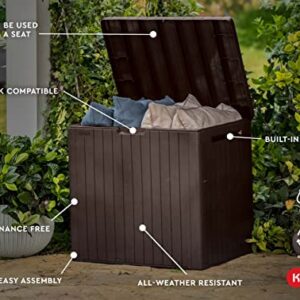 Keter City 30 Gallon Resin Deck Box for Patio Furniture, Pool Accessories, and Storage for Outdoor Toys, Brown