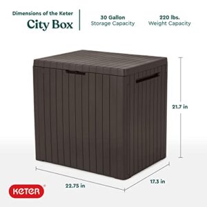 Keter City 30 Gallon Resin Deck Box for Patio Furniture, Pool Accessories, and Storage for Outdoor Toys, Brown