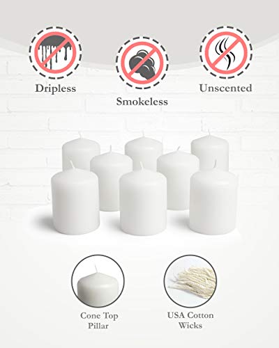 Cone Top Pillar Candles by Bask - Set of 8 - 3" x 4" Dripless Unscented Candles in White for Home Decor, Relaxation & All Occasions