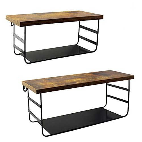2 Tier Wall Mounted Shelf Set of 2, Wall Floating Shelves with Black Metal for Bedroom, Living Room, Bathroom, Laundry Room, Kitchen, 2 Different Sizes
