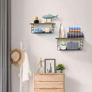 2 Tier Wall Mounted Shelf Set of 2, Wall Floating Shelves with Black Metal for Bedroom, Living Room, Bathroom, Laundry Room, Kitchen, 2 Different Sizes