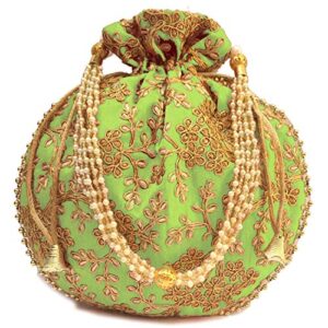 potli bag for women with intricate gold thread & sequin ethnic designer embroidery work batwa pearls handle (parrot green)