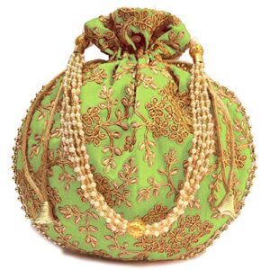 Potli Bag For Women With Intricate Gold Thread & Sequin Ethnic Designer Embroidery Work Batwa Pearls Handle (Parrot Green)