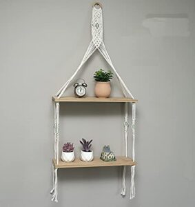 macrame bamboo shelf with sea glass for wall hanging -2 tier w/beads – unique woven boho home organizer decor, floating storage for small plants, handmade cotton rope-bedroom, living room, bathroom