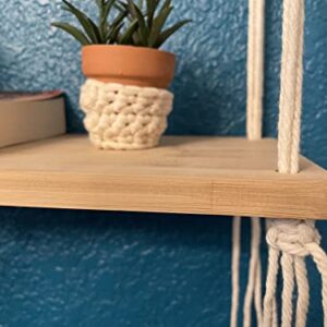 Macrame Bamboo Shelf with Sea Glass for Wall Hanging -2 Tier w/Beads - Unique Woven Boho Home Organizer Decor, Floating Storage for Small Plants, Handmade Cotton Rope-Bedroom, Living Room, Bathroom