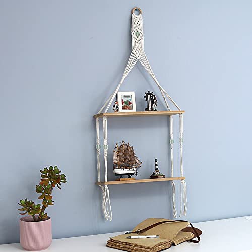 Macrame Bamboo Shelf with Sea Glass for Wall Hanging -2 Tier w/Beads - Unique Woven Boho Home Organizer Decor, Floating Storage for Small Plants, Handmade Cotton Rope-Bedroom, Living Room, Bathroom