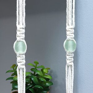 Macrame Bamboo Shelf with Sea Glass for Wall Hanging -2 Tier w/Beads - Unique Woven Boho Home Organizer Decor, Floating Storage for Small Plants, Handmade Cotton Rope-Bedroom, Living Room, Bathroom