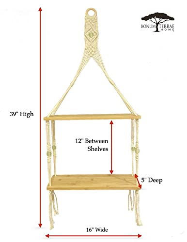 Macrame Bamboo Shelf with Sea Glass for Wall Hanging -2 Tier w/Beads - Unique Woven Boho Home Organizer Decor, Floating Storage for Small Plants, Handmade Cotton Rope-Bedroom, Living Room, Bathroom