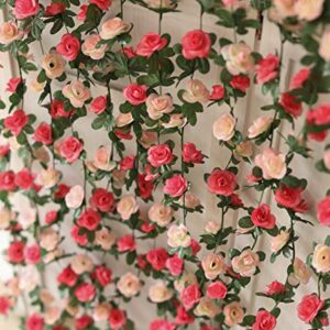 PARTY JOY 5pcs 41Ft Flower Garland Fake Rose Vine Artificial Flowers Hanging Rose Ivy Hanging Baskets Wedding Arch Garden Background Decor (Pink, 5)