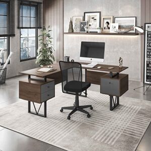 techni mobili reversible l-shape computer drawers and file cabinet home office desk, 59 x 57.75 x 30, brown, grey