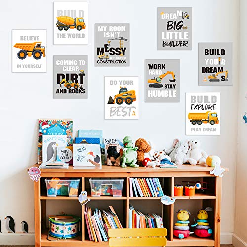 Outus Set of 9 Construction Trucks Inspirational Quote Art Print Transport Vehicle Motivational Phrases Wall Art Poster Nursery or Kids Room Decoration Unframed, 8 x 10 Inch