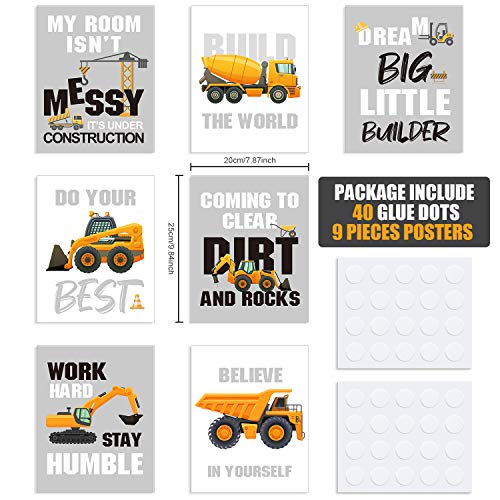 Outus Set of 9 Construction Trucks Inspirational Quote Art Print Transport Vehicle Motivational Phrases Wall Art Poster Nursery or Kids Room Decoration Unframed, 8 x 10 Inch