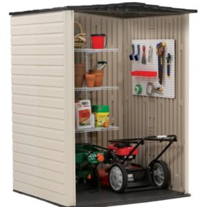 Rubbermaid Medium Vertical Resin Weather Resistant Outdoor Garden Storage Shed, 5x4 Feet, Sandstone & Corner Tool Rack, Tool Organizer, Broom Holder and Garden Tool Organizer