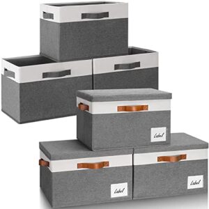 GhvyenntteS Storage Bins (6-Pack) Large Closet Storage Bins with Lid and 3 Handles, Sturdy Fabric Cube Storage Boxes with Label Window for Home Bedroom Office (Grey, 15" x 11" x 9.6")