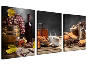 kitchen canvas wall art coffee and red wine paintings vintage farmhouse pictures bread fruit artwork prints framed for dinning room bar home wall decor, 12″x16″x3 panels, ready to hang