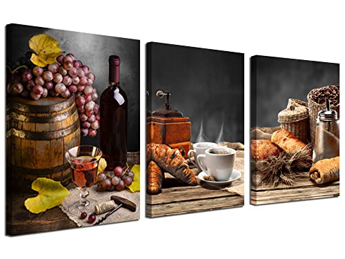 Kitchen Canvas Wall Art Coffee and Red Wine Paintings Vintage Farmhouse Pictures Bread Fruit Artwork Prints Framed for Dinning Room Bar Home Wall Decor, 12"x16"x3 Panels, Ready to Hang