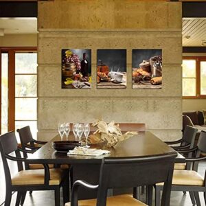 Kitchen Canvas Wall Art Coffee and Red Wine Paintings Vintage Farmhouse Pictures Bread Fruit Artwork Prints Framed for Dinning Room Bar Home Wall Decor, 12"x16"x3 Panels, Ready to Hang