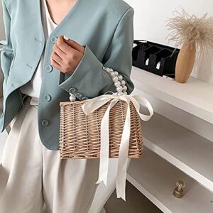 Fashion Straw Bags for Women Beach Rattan Woven Tote Handbags Ladies Summer Top-handle Bags Wicker Purse with Pearl Ornaments (B)