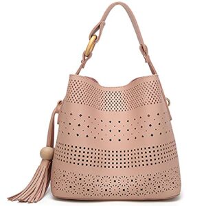 downupdown 2pc handbags and purse for women hollow out leather top handle handbag tassel beach bag tote bags hobo purses set-pink