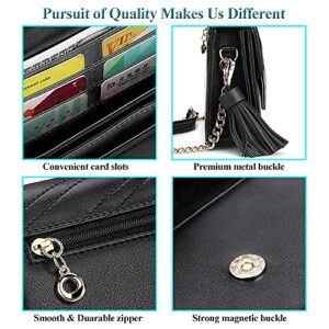 Peacocktion Small Quilted Crossbody Bags for Women, Shouler Handbags RFID Cell Phone Wallet Purse Clutch with Tassel (Black)