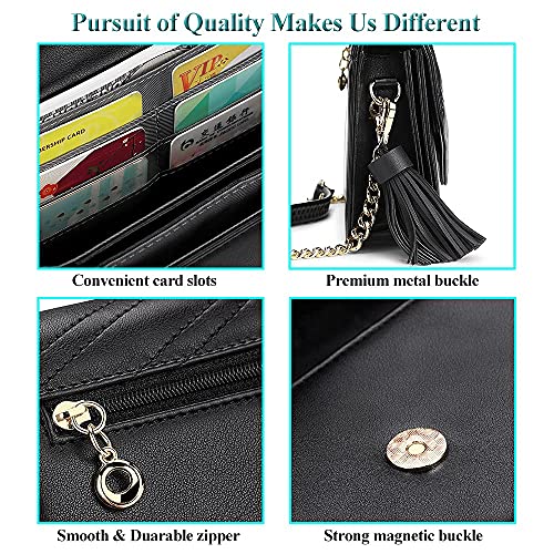 Peacocktion Small Quilted Crossbody Bags for Women, Shouler Handbags RFID Cell Phone Wallet Purse Clutch with Tassel (Black)