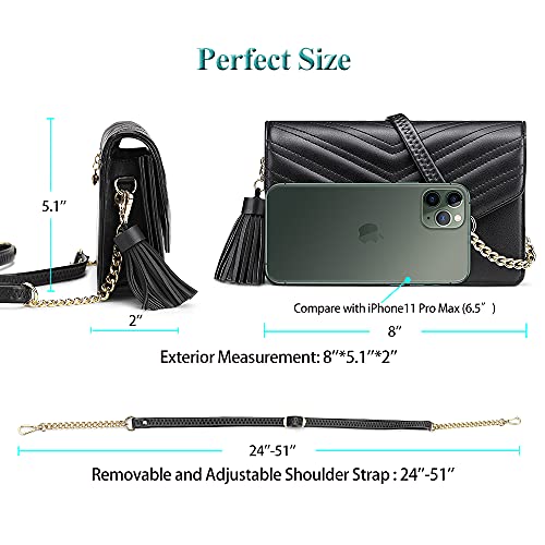 Peacocktion Small Quilted Crossbody Bags for Women, Shouler Handbags RFID Cell Phone Wallet Purse Clutch with Tassel (Black)