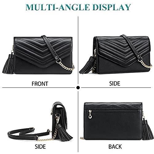 Peacocktion Small Quilted Crossbody Bags for Women, Shouler Handbags RFID Cell Phone Wallet Purse Clutch with Tassel (Black)