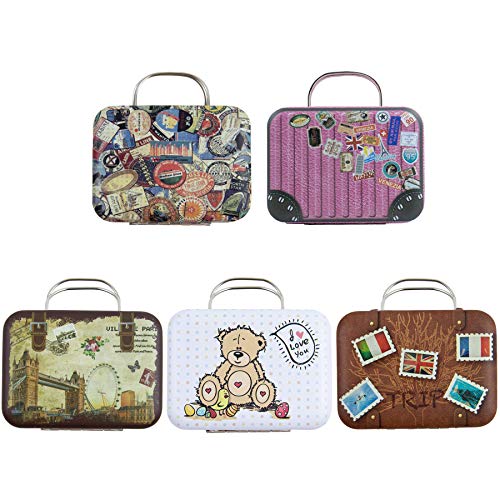 Framendino, 5 Pack Mini Suitcase Boxes Small Cartoon Tin Rectangular Handbag Tin Jewelry Coin Container for Party Wedding Decorations