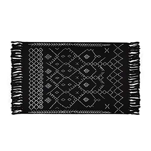 Boho Black and White Rugs, Throw Bath Rugs, Geometric Tribal Mats, 2' × 3' Cotton Woven Area Rug with Tassel for Kitchen, Bedroom, Entrance, Laundry Room…