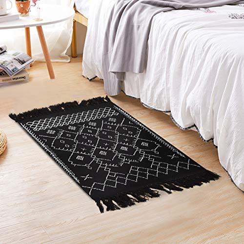 Boho Black and White Rugs, Throw Bath Rugs, Geometric Tribal Mats, 2' × 3' Cotton Woven Area Rug with Tassel for Kitchen, Bedroom, Entrance, Laundry Room…