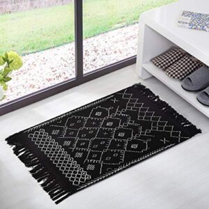 Boho Black and White Rugs, Throw Bath Rugs, Geometric Tribal Mats, 2' × 3' Cotton Woven Area Rug with Tassel for Kitchen, Bedroom, Entrance, Laundry Room…