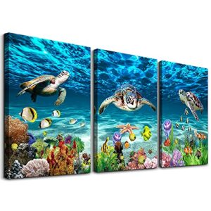 canvas wall art for living room family wall decor for bedroom bathroom wall decoration blue ocean sea turtle canvas art modern shark pictures artwork paintings office ready to hang 12″ x 16″ 3 pieces
