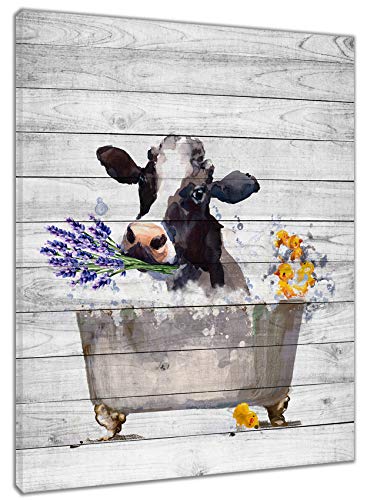 HVEST Funny Cow Wall Art Framed Black White Watercolor Animal Cattle and Purple Lavender Floral Canvas Abstract Painting Modern Artwork Ready to Hang for Bathroom Bedroom Living Room Decor,12x16Inchs